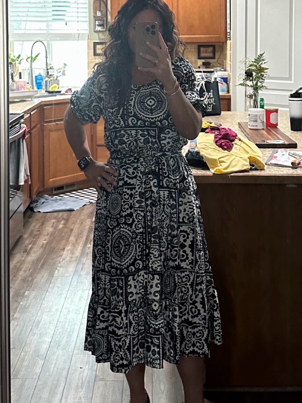 Black & White Printed Midi Dress with Waist Tie — Women's Midi Dress